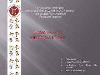 TEMAS 3-4-5 Y 7:
MEDICINA LEGAL.
UNIVERSIDAD FERMÍN TORO
FACULTAD DE CIENCIAS JURÍDICAS Y POLÍTICAS
VICE RECTORADO ACADÉMICO
ESCUELA DE DERECHO
 Participante:
 Ludys Peña. C.I: 25.929.295.
 Facilitadora: Abg. Dulce Mar
Montero.
 SAIA B Medicina Legal.
 