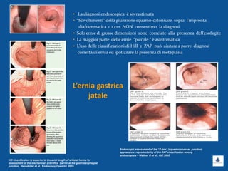 L’ernia gastrica
jatale
• La diagnosi endoscopica è sovrastimata
• “Scivolamenti” della giunzione squamo-colonnare sopra l’impronta
diaframmatica < 2 cm. NON consentono la diagnosi
• Solo ernie di grosse dimensioni sono correlate alla presenza dell’esofagite
• La maggior parte delle ernie “piccole “ è asintomatica
• L’uso delle classificazioni di Hill e ZAP può aiutare a porre diagnosi
corretta di ernia ed ipotizzare la presenza di metaplasia
Hill classification is superior to the axial length of a hiatal hernia for
assessment of the mechanical antireflux barrier at the gastroesophageal
junction, Hansdotter et al., Endoscopy Open Int 2016
Endoscopic assessment of the “Z-line” (squamocolumnar junction)
appearance: reproducibility of the ZAP classification among
endoscopists – Wallner B et al., GIE 2002
 