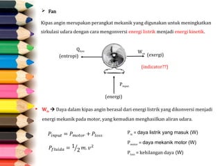  Fan
Kipas angin merupakan perangkat mekanik yang digunakan untuk meningkatkan
sirkulasi udara dengan cara mengonversi energi listrik menjadi energi kinetik.
(energi)
Qloss
(entropi)
Pinput
Wav
(exergi)
(indicator??)
 Win  Daya dalam kipas angin berasal dari energi listrik yang dikonversi menjadi
energi mekanik pada motor, yang kemudian menghasilkan aliran udara.
Pin = daya listrik yang masuk (W)
Pmotor = daya mekanik motor (W)
Ploss = kehilangan daya (W)
 