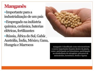 Manganês
Importanteparaa
industrializaçãodeumpaís
Empregadonaindústria
química,cerâmica,baterias
elétricas,fertilizantes
Rússia,ÁfricadoSul,Gabão,
Austrália,Índia,México,Gana,
HungriaeMarrocos O manganês é classificado como micronutriente
e exerce importantes funções dentro da planta,
como: participação na fotossíntese; participação
no metabolismo do nitrogênio; precursor de
aminoácidos, hormônios, fenóis e lignina
 