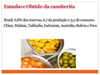 EstanhoeObtido da cassiterita
Brasil,6,8%dasreservas,6,7daproduçãoe3,2deconsumo
China,Malásia,Tailândia,Indonésia,Austrália,BolíviaePeru
 