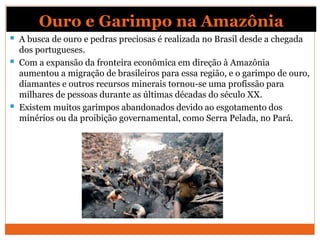 Ouro e Garimpo na Amazônia
 A busca de ouro e pedras preciosas é realizada no Brasil desde a chegada
dos portugueses.
 Com a expansão da fronteira econômica em direção à Amazônia
aumentou a migração de brasileiros para essa região, e o garimpo de ouro,
diamantes e outros recursos minerais tornou-se uma profissão para
milhares de pessoas durante as últimas décadas do século XX.
 Existem muitos garimpos abandonados devido ao esgotamento dos
minérios ou da proibição governamental, como Serra Pelada, no Pará.
 