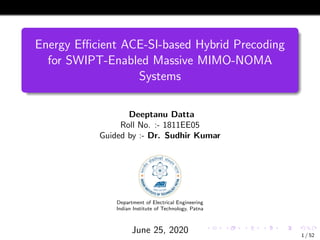 Energy Eﬃcient ACE-SI-based Hybrid Precoding
for SWIPT-Enabled Massive MIMO-NOMA
Systems
Deeptanu Datta
Roll No. :- 1811EE05
Guided by :- Dr. Sudhir Kumar
Department of Electrical Engineering
Indian Institute of Technology, Patna
June 25, 2020 1 / 52
 