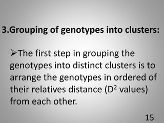 The first step in grouping the
genotypes into distinct clusters is to
arrange the genotypes in ordered of
their relatives distance (D2 values)
from each other.
3.Grouping of genotypes into clusters:
15
 