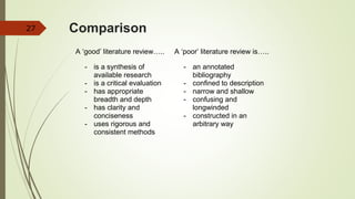Comparison
A ‘good’ literature review…..
- is a synthesis of
available research
- is a critical evaluation
- has appropriate
breadth and depth
- has clarity and
conciseness
- uses rigorous and
consistent methods
A ‘poor’ literature review is…..
- an annotated
bibliography
- confined to description
- narrow and shallow
- confusing and
longwinded
- constructed in an
arbitrary way
27
 