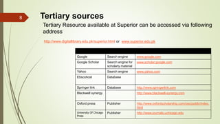 8 Tertiary sources
Tertiary Resource available at Superior can be accessed via following
address
http://www.digitallibrary.edu.pk/superior.html or www.superior.edu.pk
Name Type Internet address
Google Search engine www.google.com
Google Scholar Search engine for
scholarly material
www.scholar.google.com
Yahoo Search engine www.yahoo.com
Ebscohost Database
Springer link Database http://www.springerlink.com
Blackwell synergy http://www.blackwell-synergy.com
Oxford press Publisher http://www.oxfordscholarship.com/oso/public/index.
html
University Of Chicago
Press
Publisher http://www.journals.uchicago.edu
 