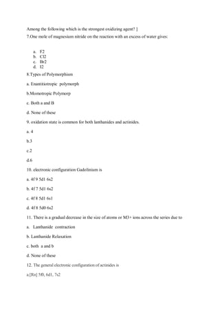M.Sc.I Inorganic Chemistry Question paper | PDF