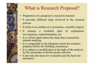 What is Research Proposal?
 Preparation of a proposal is crucial in research
 It provides different steps involved in the research
process
 It refers to an outline of a systematic, scientific inquiry
 It ensures a workable plan of exploration,
investigation, experimentation, etc.
 It is a brief report about the study that a researcher
intends studying.
 It is comparable to the blueprint which the architect
prepares before the building commences.
 It is subject to modification in the light of the analysis
by the researcher or his/her project advisor.
 It provides the basis for evaluation and the basis for
assistance.
 