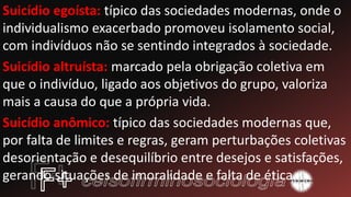 Suicídio egoísta: típico das sociedades modernas, onde o
individualismo exacerbado promoveu isolamento social,
com indivíduos não se sentindo integrados à sociedade.
Suicídio altruísta: marcado pela obrigação coletiva em
que o indivíduo, ligado aos objetivos do grupo, valoriza
mais a causa do que a própria vida.
Suicídio anômico: típico das sociedades modernas que,
por falta de limites e regras, geram perturbações coletivas
desorientação e desequilíbrio entre desejos e satisfações,
gerando situações de imoralidade e falta de ética.
 