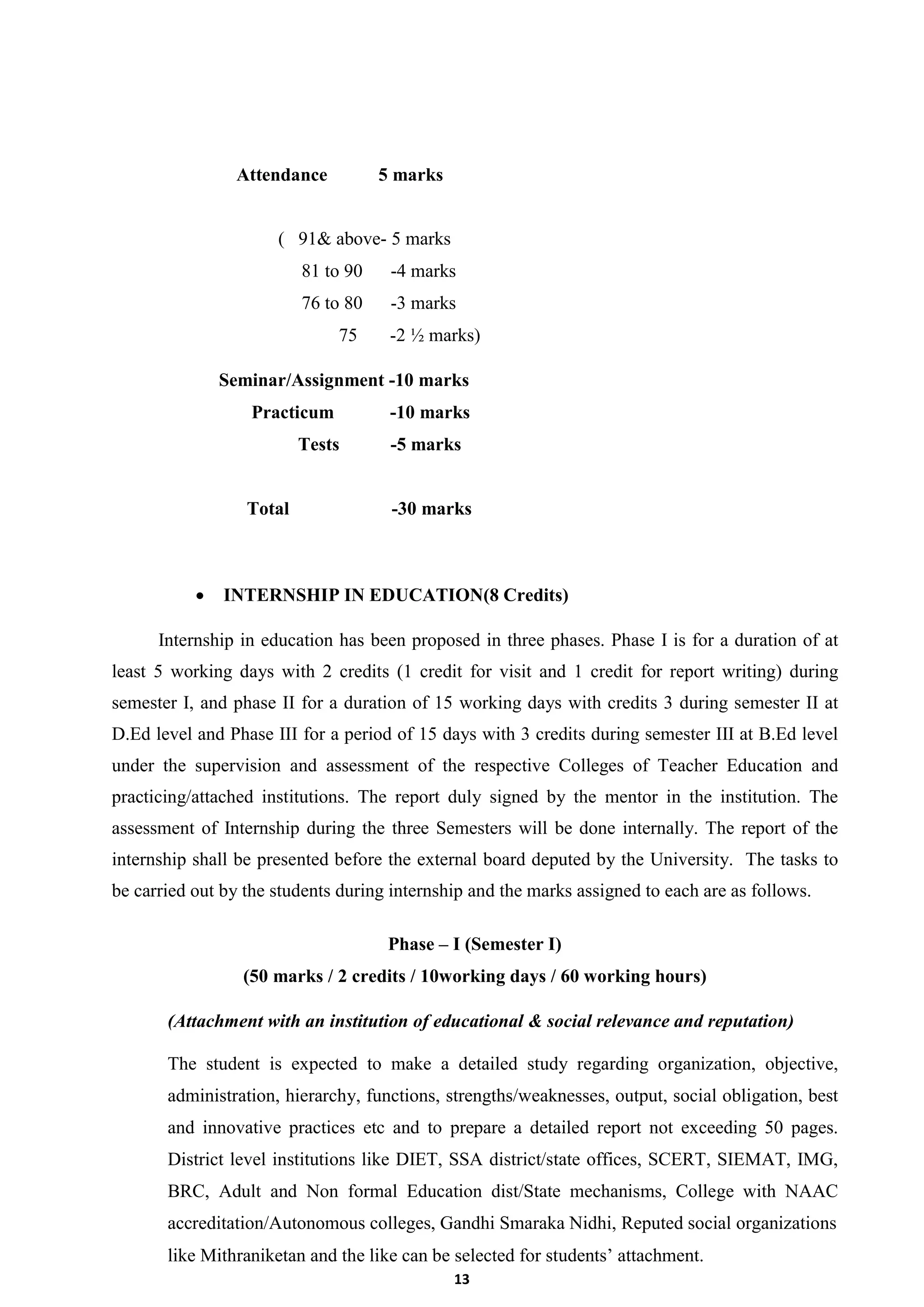 13
Attendance 5 marks
( 91& above- 5 marks
81 to 90 -4 marks
76 to 80 -3 marks
75 -2 ½ marks)
Seminar/Assignment -10 marks
Practicum -10 marks
Tests -5 marks
Total -30 marks
 INTERNSHIP IN EDUCATION(8 Credits)
Internship in education has been proposed in three phases. Phase I is for a duration of at
least 5 working days with 2 credits (1 credit for visit and 1 credit for report writing) during
semester I, and phase II for a duration of 15 working days with credits 3 during semester II at
D.Ed level and Phase III for a period of 15 days with 3 credits during semester III at B.Ed level
under the supervision and assessment of the respective Colleges of Teacher Education and
practicing/attached institutions. The report duly signed by the mentor in the institution. The
assessment of Internship during the three Semesters will be done internally. The report of the
internship shall be presented before the external board deputed by the University. The tasks to
be carried out by the students during internship and the marks assigned to each are as follows.
Phase – I (Semester I)
(50 marks / 2 credits / 10working days / 60 working hours)
(Attachment with an institution of educational & social relevance and reputation)
The student is expected to make a detailed study regarding organization, objective,
administration, hierarchy, functions, strengths/weaknesses, output, social obligation, best
and innovative practices etc and to prepare a detailed report not exceeding 50 pages.
District level institutions like DIET, SSA district/state offices, SCERT, SIEMAT, IMG,
BRC, Adult and Non formal Education dist/State mechanisms, College with NAAC
accreditation/Autonomous colleges, Gandhi Smaraka Nidhi, Reputed social organizations
like Mithraniketan and the like can be selected for students’ attachment.
 
