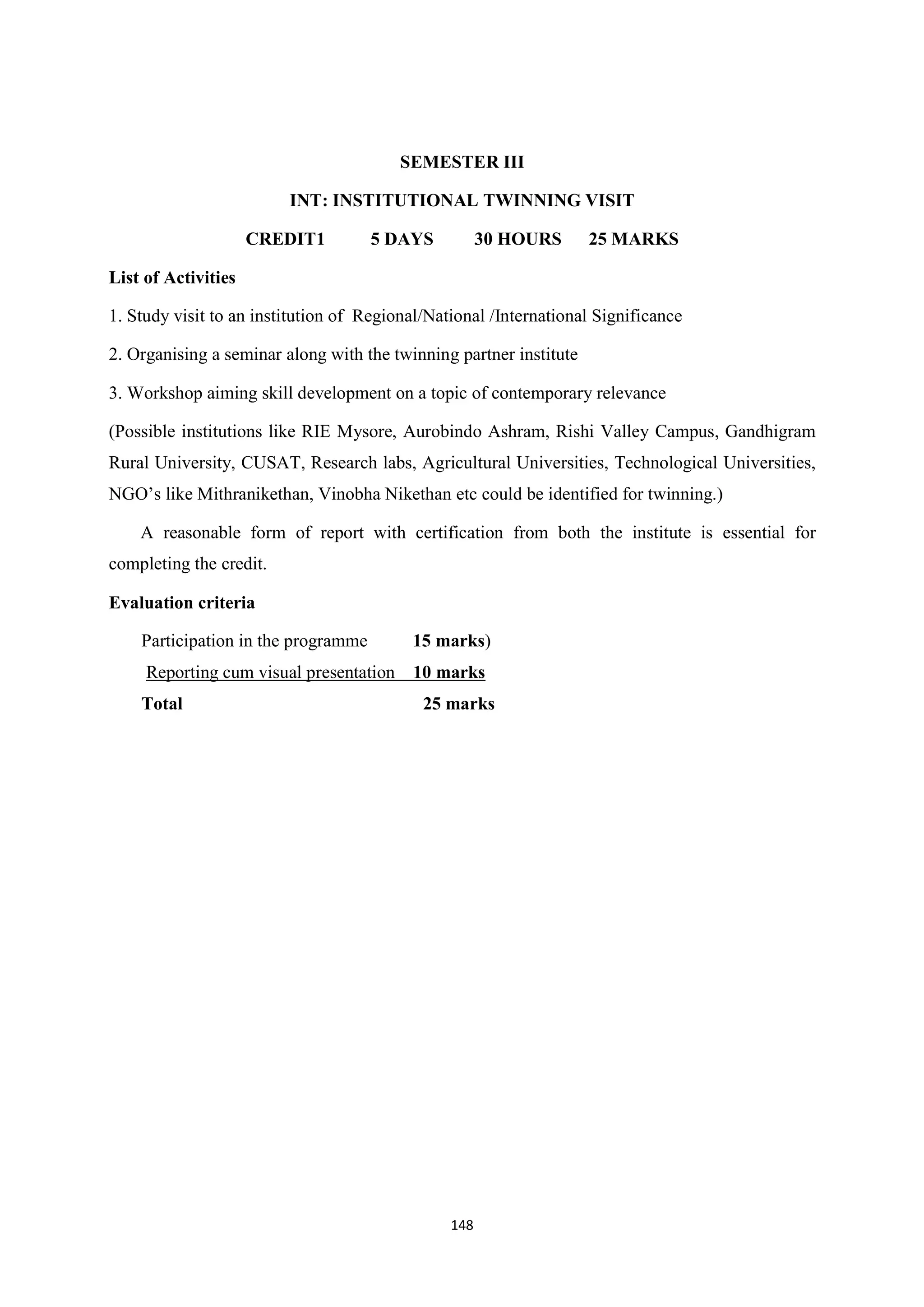 148
SEMESTER III
INT: INSTITUTIONAL TWINNING VISIT
CREDIT1 5 DAYS 30 HOURS 25 MARKS
List of Activities
1. Study visit to an institution of Regional/National /International Significance
2. Organising a seminar along with the twinning partner institute
3. Workshop aiming skill development on a topic of contemporary relevance
(Possible institutions like RIE Mysore, Aurobindo Ashram, Rishi Valley Campus, Gandhigram
Rural University, CUSAT, Research labs, Agricultural Universities, Technological Universities,
NGO’s like Mithranikethan, Vinobha Nikethan etc could be identified for twinning.)
A reasonable form of report with certification from both the institute is essential for
completing the credit.
Evaluation criteria
Participation in the programme 15 marks)
Reporting cum visual presentation 10 marks
Total 25 marks
 