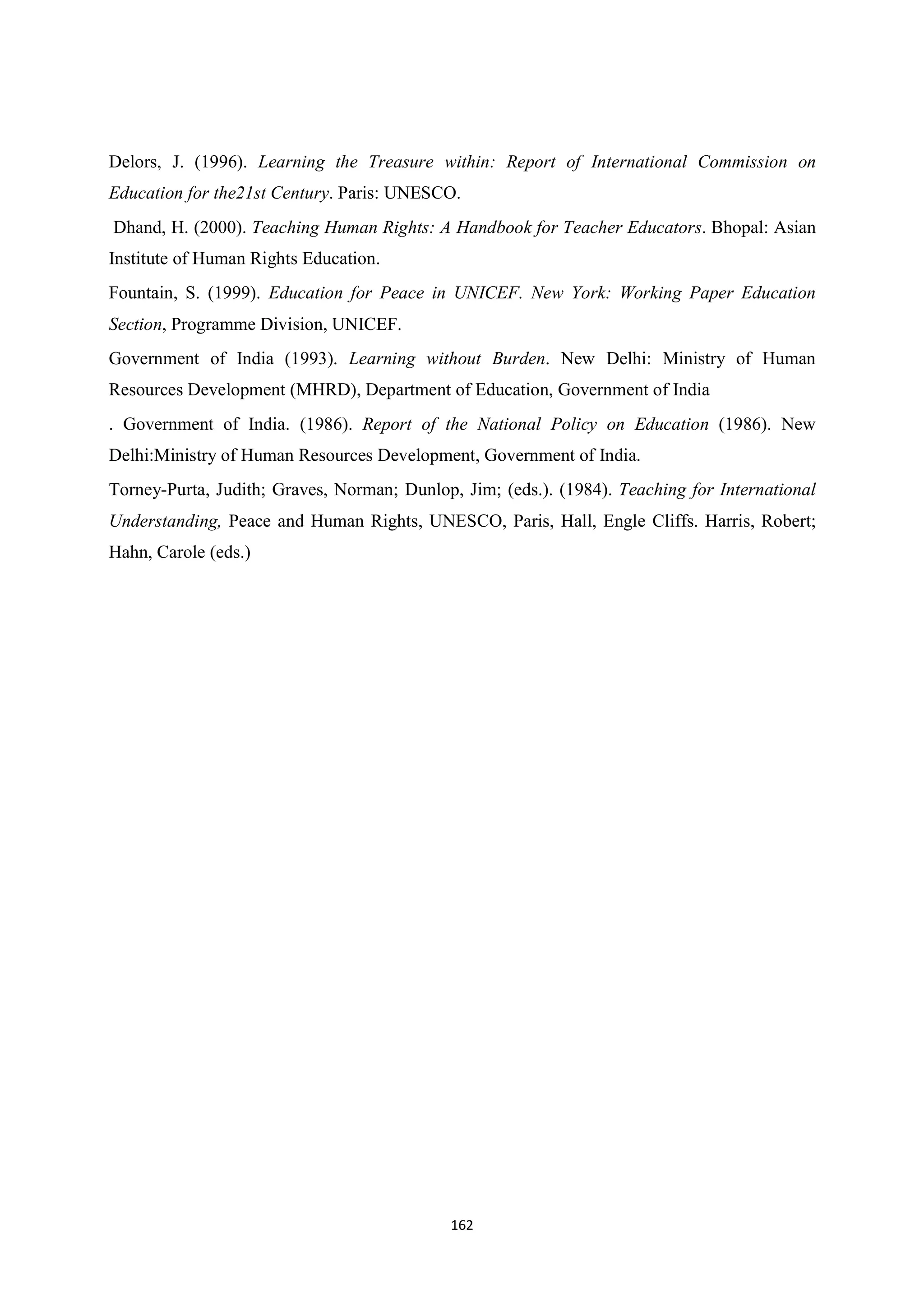 162
Delors, J. (1996). Learning the Treasure within: Report of International Commission on
Education for the21st Century. Paris: UNESCO.
Dhand, H. (2000). Teaching Human Rights: A Handbook for Teacher Educators. Bhopal: Asian
Institute of Human Rights Education.
Fountain, S. (1999). Education for Peace in UNICEF. New York: Working Paper Education
Section, Programme Division, UNICEF.
Government of India (1993). Learning without Burden. New Delhi: Ministry of Human
Resources Development (MHRD), Department of Education, Government of India
. Government of India. (1986). Report of the National Policy on Education (1986). New
Delhi:Ministry of Human Resources Development, Government of India.
Torney-Purta, Judith; Graves, Norman; Dunlop, Jim; (eds.). (1984). Teaching for International
Understanding, Peace and Human Rights, UNESCO, Paris, Hall, Engle Cliffs. Harris, Robert;
Hahn, Carole (eds.)
 