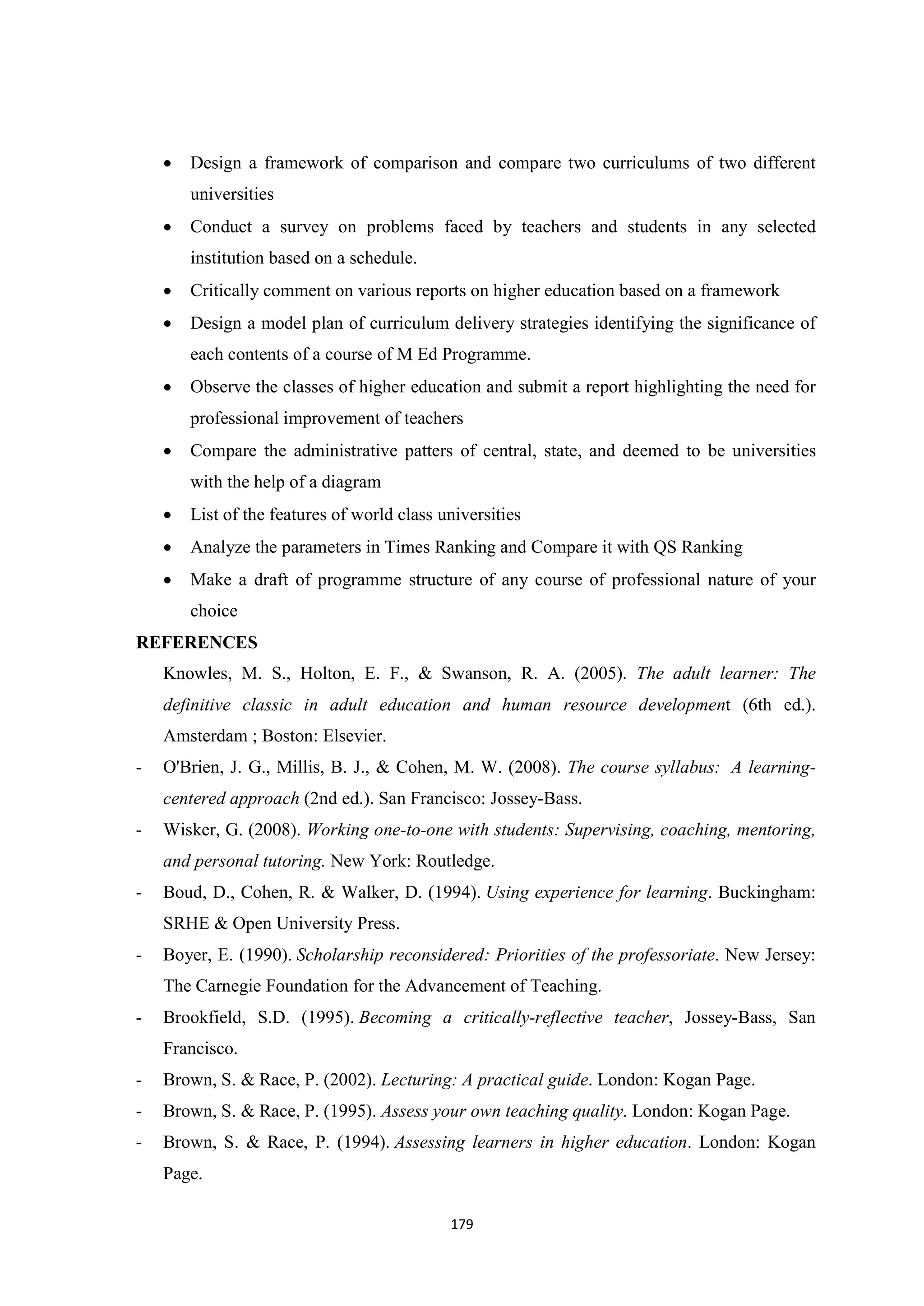 179
 Design a framework of comparison and compare two curriculums of two different
universities
 Conduct a survey on problems faced by teachers and students in any selected
institution based on a schedule.
 Critically comment on various reports on higher education based on a framework
 Design a model plan of curriculum delivery strategies identifying the significance of
each contents of a course of M Ed Programme.
 Observe the classes of higher education and submit a report highlighting the need for
professional improvement of teachers
 Compare the administrative patters of central, state, and deemed to be universities
with the help of a diagram
 List of the features of world class universities
 Analyze the parameters in Times Ranking and Compare it with QS Ranking
 Make a draft of programme structure of any course of professional nature of your
choice
REFERENCES
Knowles, M. S., Holton, E. F., & Swanson, R. A. (2005). The adult learner: The
definitive classic in adult education and human resource development (6th ed.).
Amsterdam ; Boston: Elsevier.
- O'Brien, J. G., Millis, B. J., & Cohen, M. W. (2008). The course syllabus: A learning-
centered approach (2nd ed.). San Francisco: Jossey-Bass.
- Wisker, G. (2008). Working one-to-one with students: Supervising, coaching, mentoring,
and personal tutoring. New York: Routledge.
- Boud, D., Cohen, R. & Walker, D. (1994). Using experience for learning. Buckingham:
SRHE & Open University Press.
- Boyer, E. (1990). Scholarship reconsidered: Priorities of the professoriate. New Jersey:
The Carnegie Foundation for the Advancement of Teaching.
- Brookfield, S.D. (1995). Becoming a critically-reflective teacher, Jossey-Bass, San
Francisco.
- Brown, S. & Race, P. (2002). Lecturing: A practical guide. London: Kogan Page.
- Brown, S. & Race, P. (1995). Assess your own teaching quality. London: Kogan Page.
- Brown, S. & Race, P. (1994). Assessing learners in higher education. London: Kogan
Page.
 