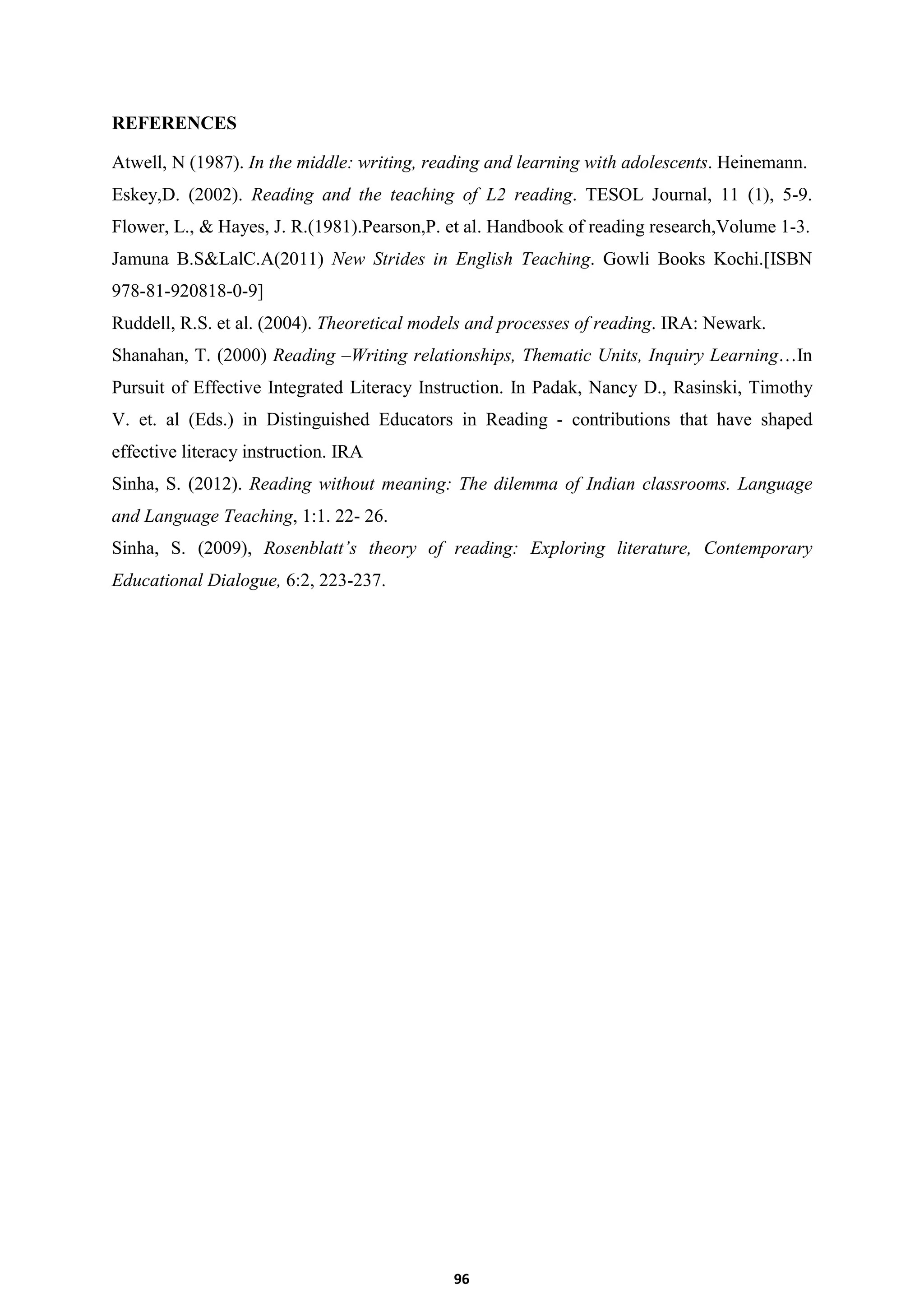 96
REFERENCES
Atwell, N (1987). In the middle: writing, reading and learning with adolescents. Heinemann.
Eskey,D. (2002). Reading and the teaching of L2 reading. TESOL Journal, 11 (1), 5-9.
Flower, L., & Hayes, J. R.(1981).Pearson,P. et al. Handbook of reading research,Volume 1-3.
Jamuna B.S&LalC.A(2011) New Strides in English Teaching. Gowli Books Kochi.[ISBN
978-81-920818-0-9]
Ruddell, R.S. et al. (2004). Theoretical models and processes of reading. IRA: Newark.
Shanahan, T. (2000) Reading –Writing relationships, Thematic Units, Inquiry Learning…In
Pursuit of Effective Integrated Literacy Instruction. In Padak, Nancy D., Rasinski, Timothy
V. et. al (Eds.) in Distinguished Educators in Reading - contributions that have shaped
effective literacy instruction. IRA
Sinha, S. (2012). Reading without meaning: The dilemma of Indian classrooms. Language
and Language Teaching, 1:1. 22- 26.
Sinha, S. (2009), Rosenblatt’s theory of reading: Exploring literature, Contemporary
Educational Dialogue, 6:2, 223-237.
 