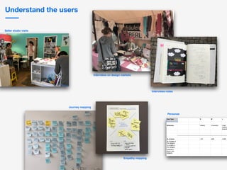 Understand the users
Seller studio visits
Interviews on design markets
Interviews notes
Empathy mapping
Journey mapping
Pe...
