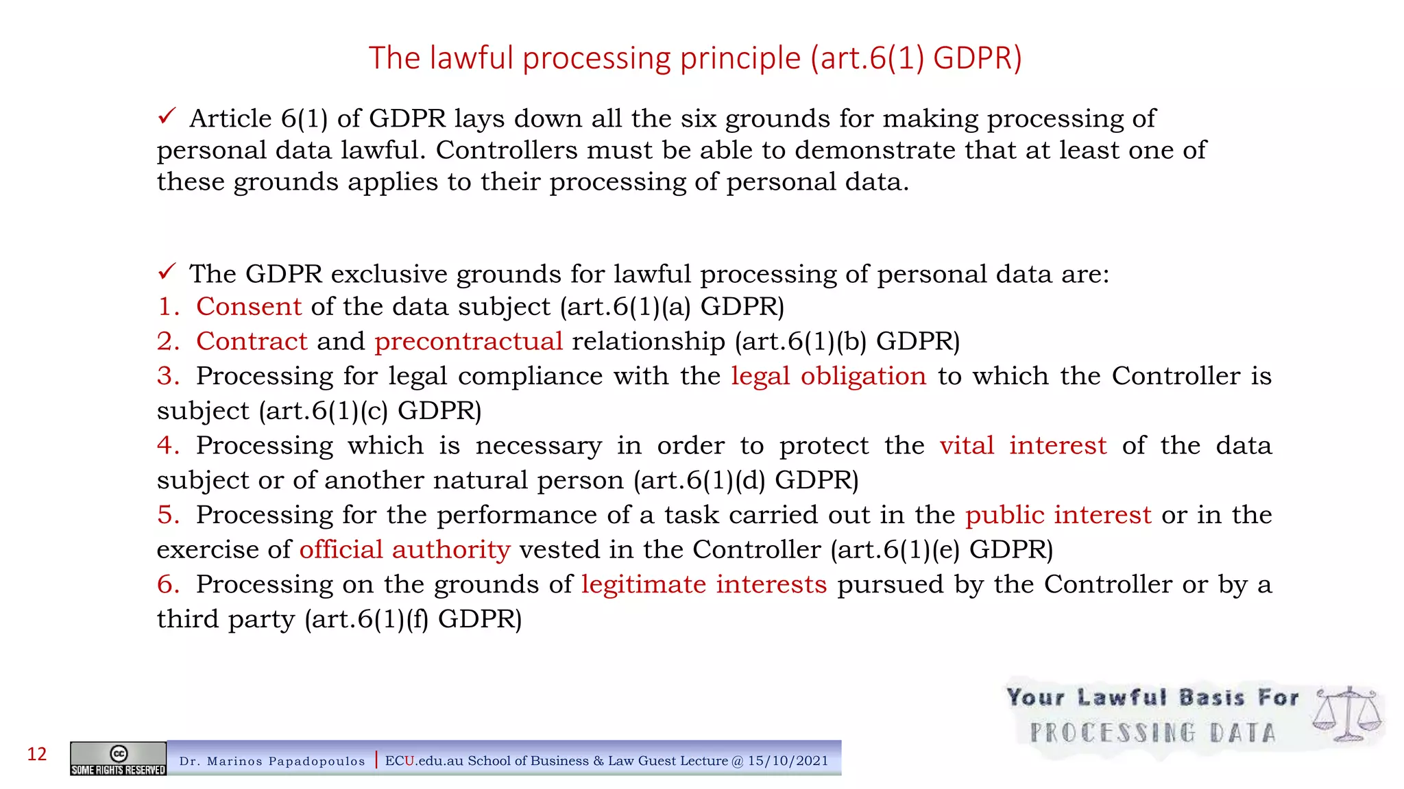 The lawful processing principle (art.6(1) GDPR)
 Article 6(1) of GDPR lays down all the six grounds for making processing of
personal data lawful. Controllers must be able to demonstrate that at least one of
these grounds applies to their processing of personal data.
 The GDPR exclusive grounds for lawful processing of personal data are:
1. Consent of the data subject (art.6(1)(a) GDPR)
2. Contract and precontractual relationship (art.6(1)(b) GDPR)
3. Processing for legal compliance with the legal obligation to which the Controller is
subject (art.6(1)(c) GDPR)
4. Processing which is necessary in order to protect the vital interest of the data
subject or of another natural person (art.6(1)(d) GDPR)
5. Processing for the performance of a task carried out in the public interest or in the
exercise of official authority vested in the Controller (art.6(1)(e) GDPR)
6. Processing on the grounds of legitimate interests pursued by the Controller or by a
third party (art.6(1)(f) GDPR)
Dr. Marinos Papadopoulos | ECU.edu.au School of Business & Law Guest Lecture @ 15/10/2021
12
 