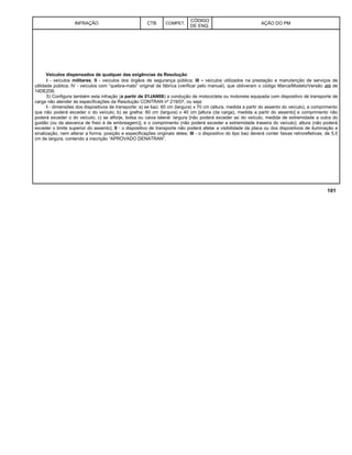 INFRAÇÃO CTB COMPET.
CÓDIGO
DE ENQ.
AÇÃO DO PM
Veículos dispensados de qualquer das exigências da Resolução:
I - veículos militares; II - veículos dos órgãos de segurança pública; III - veículos utilizados na prestação e manutenção de serviços de
utilidade pública; IV - veículos com “quebra-mato” original de fábrica (verificar pelo manual), que obtiveram o código Marca/Modelo/Versão até de
14DEZ06.
5) Configura também esta infração (a partir de 01JAN08) a condução de motocicleta ou motoneta equipada com dispositivo de transporte de
carga não atender às especificações da Resolução CONTRAN nº 219/07, ou seja:
I - dimensões dos dispositivos de transporte: a) se baú: 60 cm (largura) x 70 cm (altura, medida a partir do assento do veículo), e comprimento
que não poderá exceder o do veículo; b) se grelha: 60 cm (largura) x 40 cm [altura (da carga), medida a partir do assento] e comprimento não
poderá exceder o do veículo; c) se alforje, bolsa ou caixa lateral: largura [não poderá exceder ao do veículo, medida de extremidade a outra do
guidão (ou da alavanca de freio à de embreagem)], e o comprimento (não poderá exceder a extremidade traseira do veículo); altura (não poderá
exceder o limite superior do assento); II - o dispositivo de transporte não poderá afetar a visibilidade da placa ou dos dispositivos de iluminação e
sinalização, nem alterar a forma, posição e especificações originais deles; III - o dispositivo do tipo baú deverá conter faixas retrorefletivas, de 5,0
cm de largura, contendo a inscrição “APROVADO DENATRAN”.
101
 
