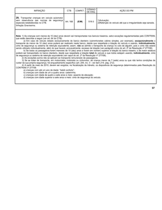 INFRAÇÃO CTB COMPET.
CÓDIGO
DE ENQ.
AÇÃO DO PM
29. Transportar crianças em veículo automotor
sem observância das normas de segurança
especiais estabelecidas no CTB.
Infração Gravíssima.
Art. 168 (E/M) 519-3
1)Autuação;
2)Retenção do veículo até que a irregularidade seja sanada.
Nota: 1) As crianças com menos de 10 (dez) anos devem ser transportadas nos bancos traseiros, salvo exceções regulamentadas pelo CONTRAN,
que estão descritas a seguir (ver art. 64 do CTB):
a) Em caso de veículo dotado exclusivamente de banco dianteiro (caminhonetes cabine simples, por exemplo), excepcionalmente o
transporte de menor de 10 (dez) anos poderá ser realizado neste banco, desde que respeitada a lotação do veículo e usando, individualmente,
cinto de segurança ou sistema de retenção equivalente; assim, não se admite o transporte da criança no colo de alguém, pois o cinto não estará
sendo utilizado individualmente, além do que haverá, provavelmente, excesso de lotação (ver parágrafo único do art. 2º da Resolução nº 277/08).
b) Se todos os passageiros forem menores de 10 (dez) anos e forem em número superior à lotação do banco traseiro, o de maior estatura
poderá ser transportado no banco dianteiro, desde que respeitada a lotação total do veículo e que todos estejam usando, individualmente, cinto
de segurança ou sistema de retenção equivalente (ver caput do art. 2º da Resolução nº 277/08).
2) As exceções acima não se aplicam ao transporte remunerado de passageiros.
3) Se se tratar de transporte, em motocicleta, motoneta ou ciclomotor, de criança menor de 7 (sete) anos ou que não tenha condições de
cuidar da sua própria segurança, há enquadramento específico (art. 244, inc. V - ver item 214, pág. 212).
4) A partir de maio de 2010, devem ser exigidos, na fiscalização de trânsito, os dispositivos de segurança determinados pela Resolução do
CONTRAN nº 277/08:
a) crianças com até um ano de idade: “bebê conforto”;
b) crianças com idade de um a quatro anos: cadeirinha;
c) crianças com idade de quatro a sete anos e meio: assento de elevação;
d) crianças com idade superior a sete anos e meio: cinto de segurança do veículo.
57
 