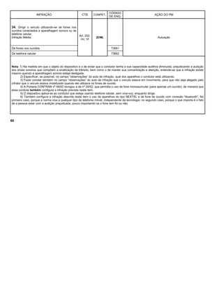INFRAÇÃO CTB COMPET.
CÓDIGO
DE ENQ.
AÇÃO DO PM
34. Dirigir o veículo utilizando-se de fones nos
ouvidos conectados a aparelhagem sonora ou de
telefone celular.
Infração Média.
Art. 252,
inc. VI
(E/M) Autuação
De fones nos ouvidos 73661
De telefone celular 73662
Nota: 1) Na medida em que o objeto do dispositivo é o de evitar que o condutor tenha a sua capacidade auditiva diminuída, prejudicando a audição
dos sinais sonoros que compõem a sinalização de trânsito, bem como o de manter sua concentração e atenção, entende-se que a infração existe
mesmo quando a aparelhagem sonora esteja desligada.
2) Especificar, se possível, no campo “observações” do auto de infração, qual dos aparelhos o condutor está utilizando.
3) Fazer constar também no campo “observações” do auto de infração que o veículo estava em movimento, para que não seja alegado pelo
infrator que o veículo estava imobilizado quando ele utilizava os fones de ouvido.
4) A Portaria CONTRAN nº 48/02 revogou a de nº 24/02, que permitia o uso de fone monoauricular (para apenas um ouvido), de maneira que
essa conduta também configura a infração prevista neste item.
5) O dispositivo aplica-se ao condutor que esteja usando telefone celular, sem viva-voz, enquanto dirige.
6) Também configura a infração descrita neste item o uso de aparelhos do tipo NEXTEL e de fone de ouvido com conexão “bluetooth”. No
primeiro caso, porque a norma visa a qualquer tipo de telefonia móvel, independente da tecnologia; no segundo caso, porque o que importa é o fato
de a pessoa estar com a audição prejudicada, pouco importando se o fone tem fio ou não.
60
 