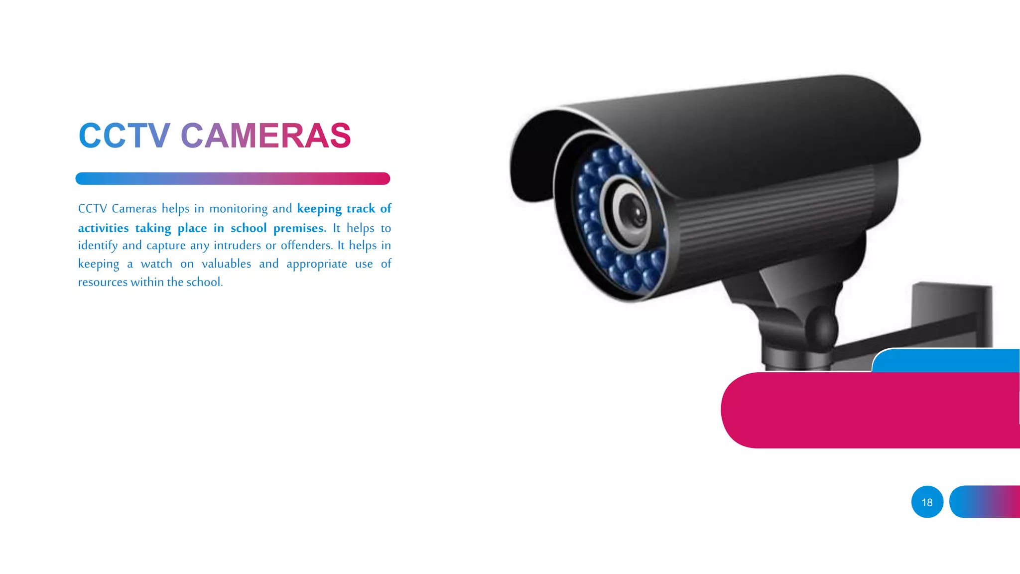 18
CCTV Cameras helps in monitoring and keeping track of
activities taking place in school premises. It helps to
identify and capture any intruders or offenders. It helps in
keeping a watch on valuables and appropriate use of
resources within the school.
 