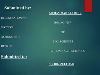 Submitted by:
MUHAMMAD ALAMGIR
REGESTRATION NO.
2019-AG-7297
SECTION:
“D”
ASSIGNMENT:
SOIL SCIENCES
DEGREE:
BS (HONS) AGRI-SCIENCES
Submitted to:
SIR DR. ZULFQAR
 