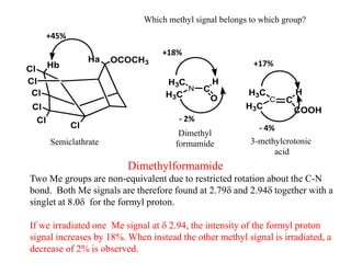 Ha OCOCH3
Cl Hb
Cl
Cl
Cl
Cl
Cl
N C
O
H
H3C
H3C
C C
COOH
H
H3C
H3C
+45%
+18%
- 2%
+17%
- 4%
Semiclathrate
Dimethyl
formamide 3-methylcrotonic
acid
Dimethylformamide
Two Me groups are non-equivalent due to restricted rotation about the C-N
bond. Both Me signals are therefore found at 2.79 and 2.94 together with a
singlet at 8.0 for the formyl proton.
If we irradiated one Me signal at  2.94, the intensity of the formyl proton
signal increases by 18%. When instead the other methyl signal is irradiated, a
decrease of 2% is observed.
Which methyl signal belongs to which group?
 
