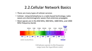 2.2.Cellular Network Basics
• There are many types of cellular services
• Cellular network/telephony is a radio-based technology; radio
waves are electromagnetic waves that antennas propagate.
• Most signals are in the 850 MHz, 900 MHz, 1800 MHz, and 1900
MHz frequency bands
Cell phones operate in this frequency
range (note the logarithmic scale)
 