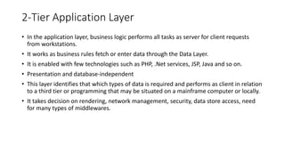 2-Tier Application Layer
• In the application layer, business logic performs all tasks as server for client requests
from workstations.
• It works as business rules fetch or enter data through the Data Layer.
• It is enabled with few technologies such as PHP, .Net services, JSP, Java and so on.
• Presentation and database-independent
• This layer identifies that which types of data is required and performs as client in relation
to a third tier or programming that may be situated on a mainframe computer or locally.
• It takes decision on rendering, network management, security, data store access, need
for many types of middlewares.
 