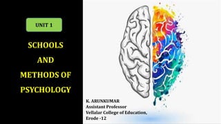 SCHOOLS
AND
METHODS OF
PSYCHOLOGY
K. ARUNKUMAR
Assistant Professor
Vellalar College of Education,
Erode -12
UNIT 1
 