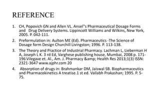 REFERENCE
1. CH, Popovich GN and Allen VL. Ansel‟s Pharmaceutical Dosage Forms
and Drug Delivery Systems. Lippincott Williams and Wilkins, New York,
2005. P. 042-111.
2. Preformulation in: Aulton ME (Ed). Pharmaceutics -The Science of
Dosage form Design Churchill Livingston; 1996. P. 113-138.
3. The Theory and Practice of Industrial Pharmacy. Lachman L, Lieberman H
A, Joseph L K. 3 rd Ed, Varghese publishing house, Mumbai, 2008 p. 171-
196.Vilegave et. Al., Am. J. Pharmacy &amp; Health Res 2013;1(3) ISSN:
2321-3647 www.ajphr.com 20
4. Absorption of drugs in: Brahmankar DM, Jaiswal SB. Biopharmaceutics
and Pharmacokinetics A treatise.1 st ed. Vallabh Prakashan; 1995. P. 5-
75.
 