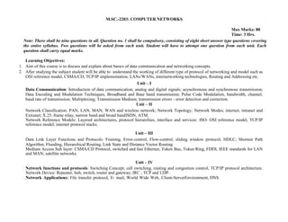 M.SC.-2203: COMPUTER NETWORKS
Max Marks: 80
Time: 3 Hrs.
Note: There shall be nine questions in all. Question no. 1 shall be compulsory, consisting of eight short answer type questions covering
the entire syllabus. Two questions will be asked from each unit. Student will have to attempt one question from each unit. Each
question shall carry equal marks.
Learning Objectives:
1. Aim of this course is to discuss and explain about basics of data communication and networking concepts.
2. After studying the subject student will be able to understand the working of different type of protocol of networking and model such as
OSI reference model, CSMA/CD, TCP/IP implementation, LANs/WANs, internetworking technologies, Routing and Addressing etc.
Unit – I
Data Communication: Introduction of data communication; analog and digital signals; asynchronous and synchronous transmission;
Data Encoding and Modulation Techniques, Broadband and Base band transmission; Pulse Code Modulation, bandwidth, channel,
baud rate of transmission; Multiplexing; Transmission Medium; transmission errors - error detection and correction.
Unit – II
Network Classification: PAN, LAN, MAN, WAN and wireless network; Network Topology; Network Modes; internet, intranet and
Extranet; X.25, frame relay, narrow band and broad bandISDN, ATM.
Network Reference Models: Layered architectures, protocol hierarchies, interface and services: ISO- OSI reference model, TCP/IP
reference model; internet protocol stacks.
Unit – III
Data Link Layer Functions and Protocols: Framing, Error-control, Flow-control; sliding window protocol; HDLC; Shortest Path
Algorithm, Flooding, Hierarchical Routing, Link State and Distance Vector Routing
Medium Access Sub layer: CSMA/CD Protocol, switched and fast Ethernet, Token Bus, Token Ring, FDDI, IEEE standards for LAN
and MAN; satellite networks.
Unit – IV
Network functions and protocols: Switching Concept; cell switching, routing and congestion control, TCP/IP protocol architecture.
Network Device: Repeater, hub, switch, router and gateway; IRC ; TCP and UDP.
Network Applications: File transfer protocol, E- mail, World Wide Web, Client-ServerEnvironment, DNS.
 