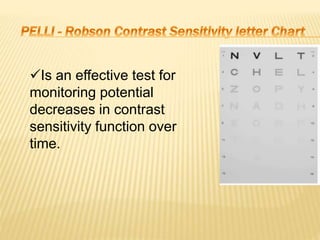Is an effective test for
monitoring potential
decreases in contrast
sensitivity function over
time.
 