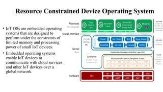Resource Constrained Device Operating System
• IoT OSs are embedded operating
systems that are designed to
perform under the constraints of
limited memory and processing
power of small IoT devices.
• Embedded operating systems
enable IoT devices to
communicate with cloud services
and other IoT devices over a
global network.
 