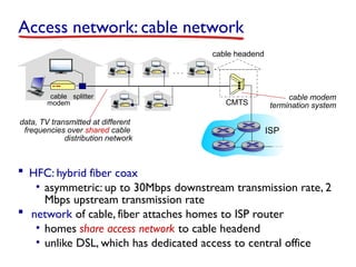 ISP
data, TV transmitted at different
frequencies over shared cable
distribution network
cable
modem
splitter
…
cable headend
CMTS
cable modem
termination system
 HFC: hybrid fiber coax
• asymmetric: up to 30Mbps downstream transmission rate, 2
Mbps upstream transmission rate
 network of cable, fiber attaches homes to ISP router
• homes share access network to cable headend
• unlike DSL, which has dedicated access to central office
Access network: cable network
 