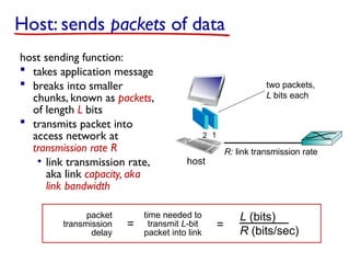 Host: sends packets of data
host sending function:
 takes application message
 breaks into smaller
chunks, known as packets,
of length L bits
 transmits packet into
access network at
transmission rate R
• link transmission rate,
aka link capacity, aka
link bandwidth
R: link transmission rate
host
1
2
two packets,
L bits each
packet
transmission
delay
time needed to
transmit L-bit
packet into link
L (bits)
R (bits/sec)
= =
 