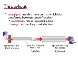 Throughput
 throughput: rate (bits/time unit) at which bits
transferred between sender/receiver
• instantaneous: rate at given point in time
• average: rate over longer period of time
server, with
file of F bits
to send to client
link capacity
Rs bits/sec
link capacity
Rc bits/sec
server sends bits
(fluid) into pipe
pipe that can carry
fluid at rate
Rs bits/sec)
pipe that can carry
fluid at rate
Rc bits/sec)
 