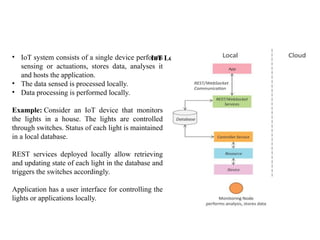 IoT Level - 1
• IoT system consists of a single device performs
sensing or actuations, stores data, analyses it
and hosts the application.
• The data sensed is processed locally.
• Data processing is performed locally.
Example: Consider an IoT device that monitors
the lights in a house. The lights are controlled
through switches. Status of each light is maintained
in a local database.
REST services deployed locally allow retrieving
and updating state of each light in the database and
triggers the switches accordingly.
Application has a user interface for controlling the
lights or applications locally.
 