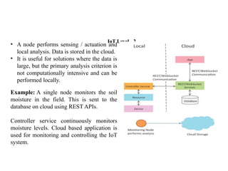 IoT Level - 2
• A node performs sensing / actuation and
local analysis. Data is stored in the cloud.
• It is useful for solutions where the data is
large, but the primary analysis criterion is
not computationally intensive and can be
performed locally.
Example: A single node monitors the soil
moisture in the field. This is sent to the
database on cloud using REST APIs.
Controller service continuously monitors
moisture levels. Cloud based application is
used for monitoring and controlling the IoT
system.
 