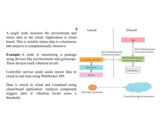 IoT Level - 3
A single node monitors the environment and
stores data in the cloud. Application is cloud
based. This is suitable where data is voluminous
and analysis is computationally intensive.
Example: A node is monitoring a package
using devices like accelerometer and gyroscope.
These devices track vibration levels.
Controller service sends sends sensor data to
cloud in real time using WebSocket API.
Data is stored in cloud and visualised using
cloud-based application. Analysis component
triggers alert if vibration levels cross a
threshold.
 