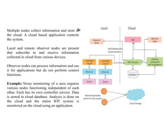 IoT Level - 4
Multiple nodes collect information and store in
the cloud. A cloud based application controls
the system.
Local and remote observer nodes are present
that subscribe to and receive information
collected in cloud from various devices.
Observer nodes can process information and use
it for applications but do not perform control
functions.
Example: Noise monitoring of a area requires
various nodes functioning independent of each
other. Each has its own controller service. Data
is stored in cloud database. Analysis is done on
the cloud and the entire IOT system is
monitored on the cloud using an application.
 