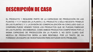 DESCRIPCIÓN DE CASO
EL PRODUCTO 1 REQUIERE PARTE DE LA CAPACIDAD DE PRODUCCIÓN EN LAS
PLANTAS 1 Y 3 Y NADA EN LA PLANTA 2. EL PRODUCTO 2 SÓLO NECESITA TRABAJO
EN LAS PLANTAS 2 Y 3. LA DIVISIÓN DE COMERCIALIZACIÓN HA CONCLUIDO QUE LA
COMPAÑÍA PUEDE VENDER TODOS LOS PRODUCTOS QUE SE PUEDAN FABRICAR
EN LAS PLANTAS. SIN EMBARGO, COMO AMBOS PRODUCTOS COMPETIRÍAN POR LA
MISMA CAPACIDAD DE PRODUCCIÓN EN LA PLANTA 3, NO ESTÁ CLARO QUÉ
MEZCLA DE PRODUCTOS SERÍA LA MÁS RENTABLE. POR LO TANTO, SE HA
FORMADO UN EQUIPO DE INVESTIGACIÓN PARA ESTUDIAR ESTE PROBLEMA.
 
