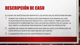 DESCRIPCIÓN DE CASO
EL EQUIPO DE INVESTIGACIÓN IDENTIFICÓ LOS DATOS QUE SE NECESITABA REUNIR:
1. NÚMERO DE HORAS DE PRODUCCIÓN DISPONIBLES POR SEMANA EN CADA
PLANTA PARA ESTOS NUEVOS PRODUCTOS. (CASI TODO EL TIEMPO DE ESTAS
PLANTAS ESTÁ COMPROMETIDO CON LOS NUEVOS PRODUCTOS ACTUALES, LO
QUE LIMITA LA CAPACIDAD PARA MANUFACTURAR NUEVOS PRODUCTOS).
2. NÚMERO DE HORAS DE FABRICACIÓN QUE EMPLEA CADA LOTE PRODUCIDO DE
CADA ARTÍCULO NUEVO EN CADA UNA DE LAS PLANTAS.
3. LA GANANCIA POR LOTE DE CADA PRODUCTO NUEVO.
 
