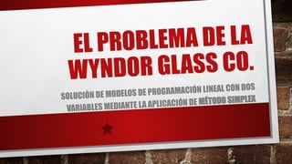 EL PROBLEMA DE LA
WYNDOR GLASS CO.
SOLUCIÓN DE MODELOS DE PROGRAMACIÓN LINEAL CON DOS
VARIABLES MEDIANTE LA APLICACIÓN DE MÉTODO SIMPLEX
 