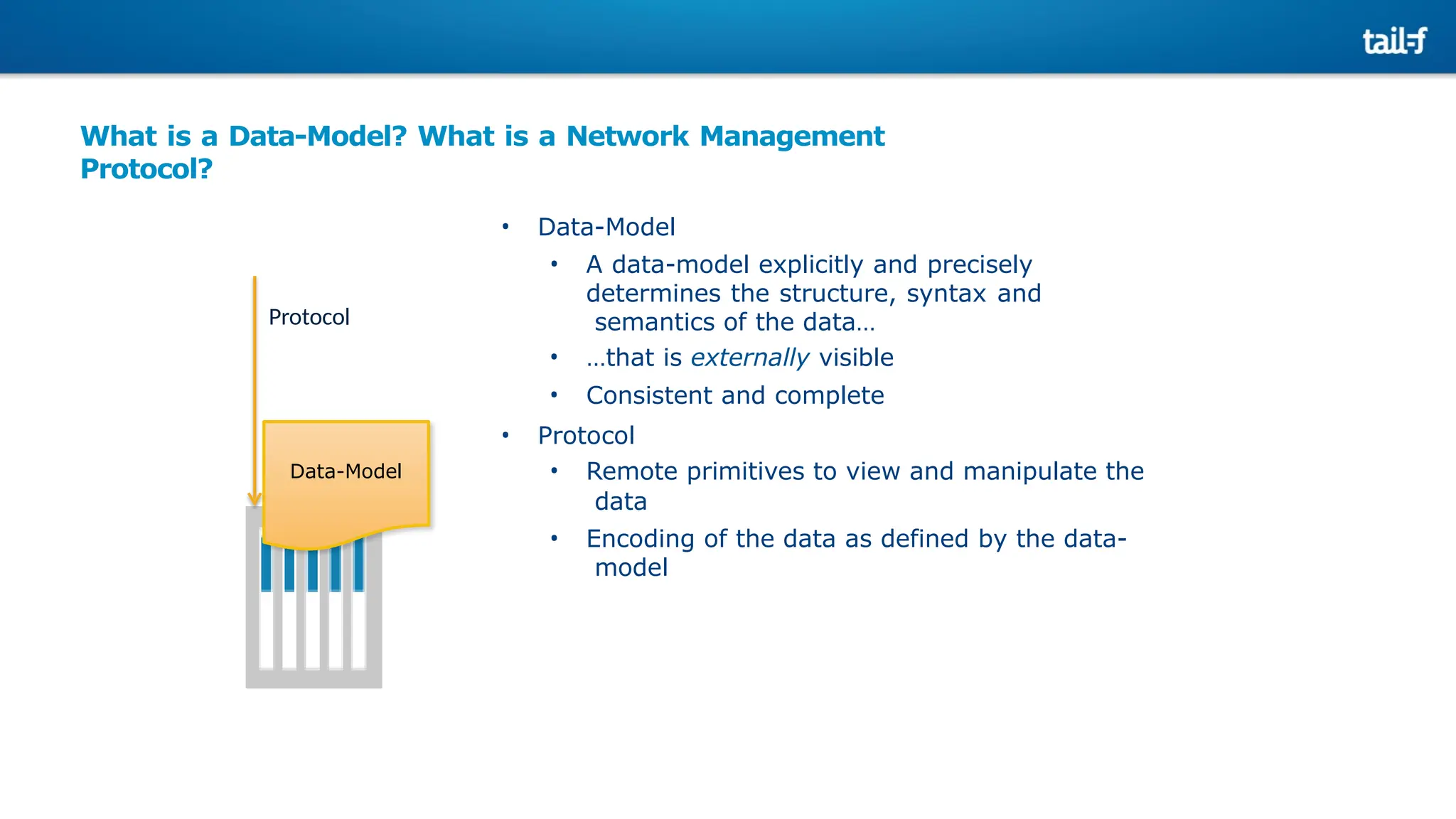 What is a Data-Model? What is a Network Management
Protocol?
• Data-Model
• A data-model explicitly and precisely
determines the structure, syntax and
semantics of the data…
• …that is externally visible
• Consistent and complete
• Protocol
• Remote primitives to view and manipulate the
data
• Encoding of the data as defined by the data-
model
Data-Model
Protocol
 