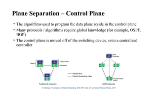 Plane Separation – Control Plane
• The algorithms used to program the data plane reside in the control plane
• Many protocols / algorithms require global knowledge (for example, OSPF,
BGP)
• The control plane is moved off of the switching device, onto a centralized
controller
Traditional networks SDN networks
W. Stallings, “Foundations of Modern Networking: SDN, NFV, QoE, IoT, and Cloud” Addison Wesley, 2017.
 