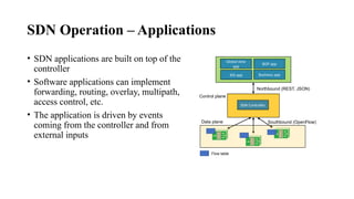SDN Operation – Applications
• SDN applications are built on top of the
controller
• Software applications can implement
forwarding, routing, overlay, multipath,
access control, etc.
• The application is driven by events
coming from the controller and from
external inputs
Global view
app
BGP app
IDS app Business app
SDN Controller
Northbound (REST, JSON)
Southbound (OpenFlow)
Control plane
Data plane
Flow table
 
