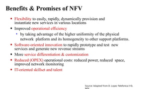 Benefits & Promises of NFV
• Flexibility to easily, rapidly, dynamically provision and
instantiate new services in various locations
• Improved operational efficiency
• by taking advantage of the higher uniformity of the physical
network platform and its homogeneity to other support platforms.
• Software-oriented innovation to rapidly prototype and test new
services and generate new revenue streams
• More service differentiation & customization
• Reduced (OPEX) operational costs: reduced power, reduced space,
improved network monitoring
• IT-oriented skillset and talent
Source: Adapted from D. Lopez Telefonica I+D,
 