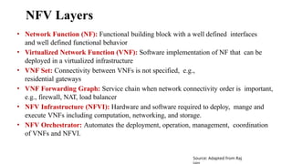 NFV Layers
• Network Function (NF): Functional building block with a well defined interfaces
and well defined functional behavior
• Virtualized Network Function (VNF): Software implementation of NF that can be
deployed in a virtualized infrastructure
• VNF Set: Connectivity between VNFs is not specified, e.g.,
residential gateways
• VNF Forwarding Graph: Service chain when network connectivity order is important,
e.g., firewall, NAT, load balancer
• NFV Infrastructure (NFVI): Hardware and software required to deploy, mange and
execute VNFs including computation, networking, and storage.
• NFV Orchestrator: Automates the deployment, operation, management, coordination
of VNFs and NFVI.
Source: Adapted from Raj
 