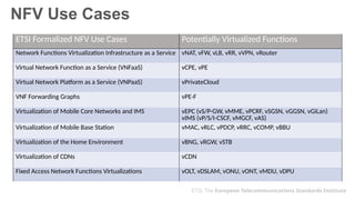 NFV Use Cases
ETSI Formalized NFV Use Cases Potentially Virtualized Functions
Network Functions Virtualization Infrastructure as a Service vNAT, vFW, vLB, vRR, vVPN, vRouter
Virtual Network Function as a Service (VNFaaS) vCPE, vPE
Virtual Network Platform as a Service (VNPaaS) vPrivateCloud
VNF Forwarding Graphs vPE-F
Virtualization of Mobile Core Networks and IMS vEPC (vS/P-GW, vMME, vPCRF, vSGSN, vGGSN, vGiLan)
vIMS (vP/S/I-CSCF, vMGCF, vAS)
Virtualization of Mobile Base Station vMAC, vRLC, vPDCP, vRRC, vCOMP, vBBU
Virtualization of the Home Environment vBNG, vRGW, vSTB
Virtualization of CDNs vCDN
Fixed Access Network Functions Virtualizations vOLT, vDSLAM, vONU, vONT, vMDU, vDPU
ETSI: The European Telecommunications Standards Institute
 