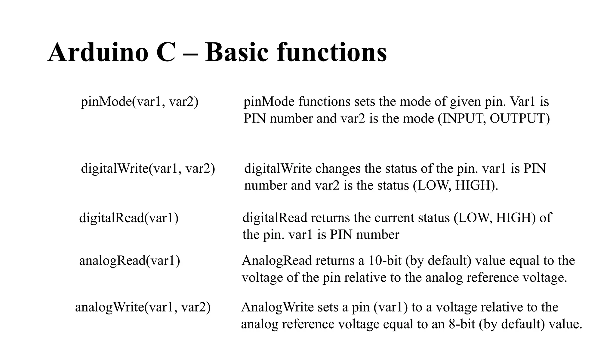 Arduino C – Basic functions
pinMode(var1, var2) pinMode functions sets the mode of given pin. Var1 is
PIN number and var2 is the mode (INPUT, OUTPUT)
digitalWrite changes the status of the pin. var1 is PIN
number and var2 is the status (LOW, HIGH).
digitalWrite(var1, var2)
digitalRead(var1) digitalRead returns the current status (LOW, HIGH) of
the pin. var1 is PIN number
analogRead(var1) AnalogRead returns a 10-bit (by default) value equal to the
voltage of the pin relative to the analog reference voltage.
AnalogWrite sets a pin (var1) to a voltage relative to the
analog reference voltage equal to an 8-bit (by default) value.
analogWrite(var1, var2)
 